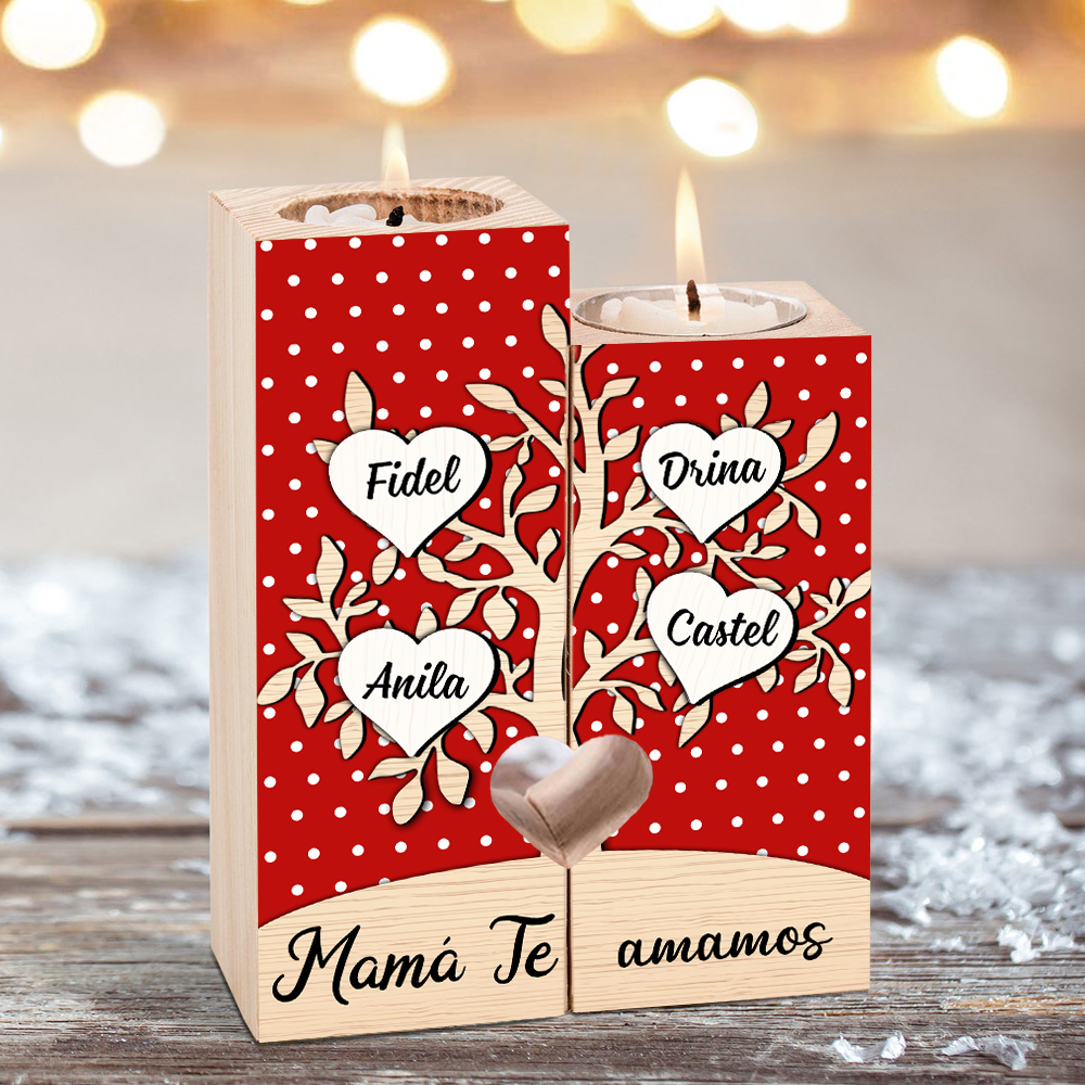 A la familia-Candelero de árbol de la vida de madera personalizado con 3-8 nombres y 1 texto sin vela-Jessemade ES