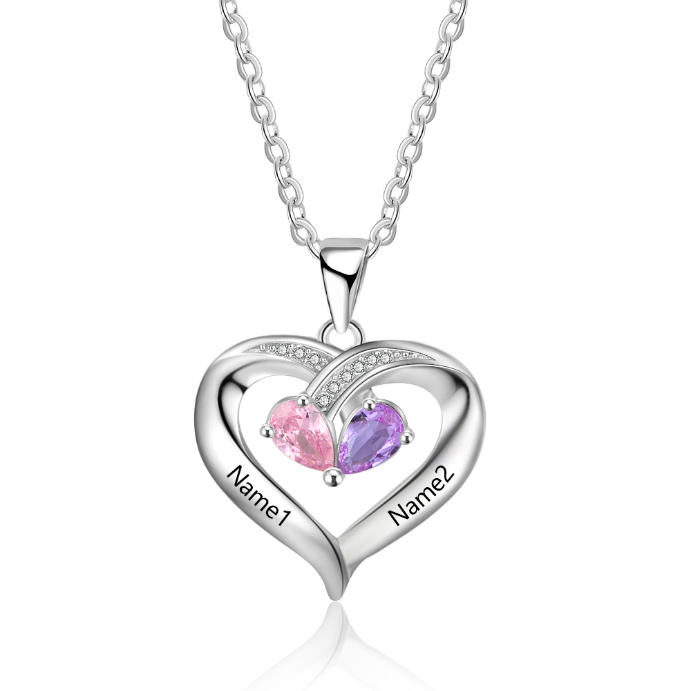 Collar para mujer de corazón 2 nombres y 2 piedras personalizados de plata 925