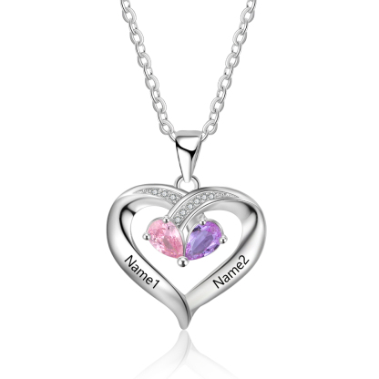 Collar para mujer de corazón 2 nombres y 2 piedras personalizados de plata 925