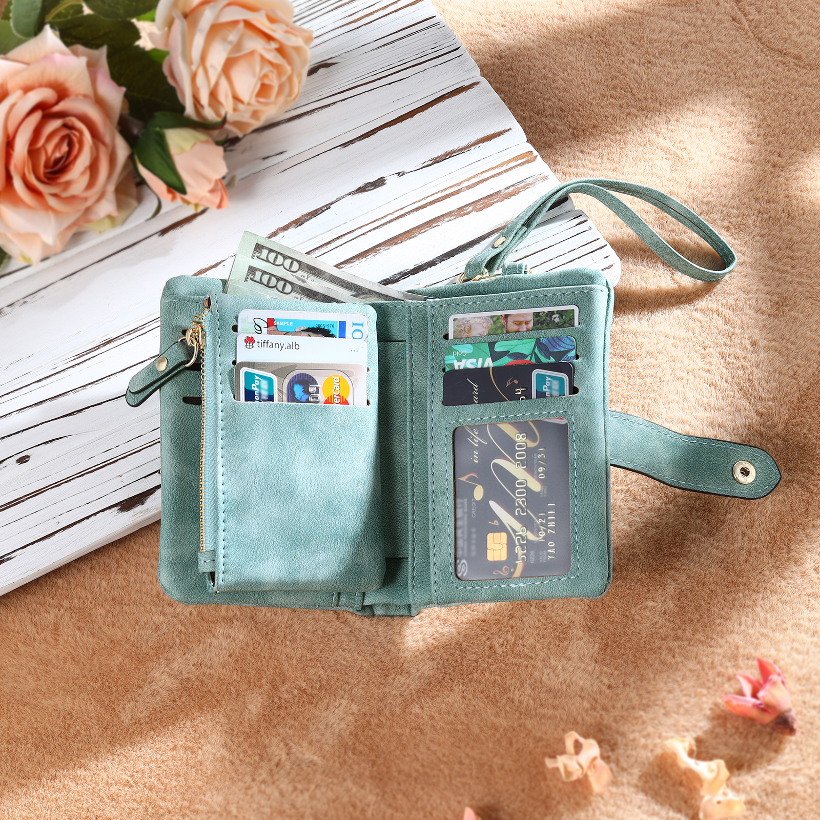 Cartera, billetera con 1 nombre y 1 flor de nacimiento personalizados monedero clásico para mujer