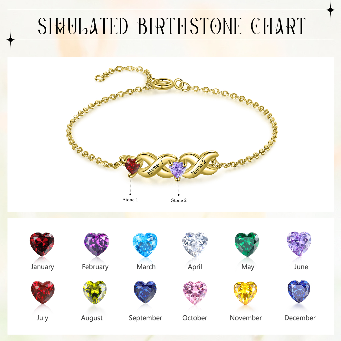 Pulsera infinito personalizada con 2 nombres y 2 piedras de nacimiento de corazón-Jessemade ES