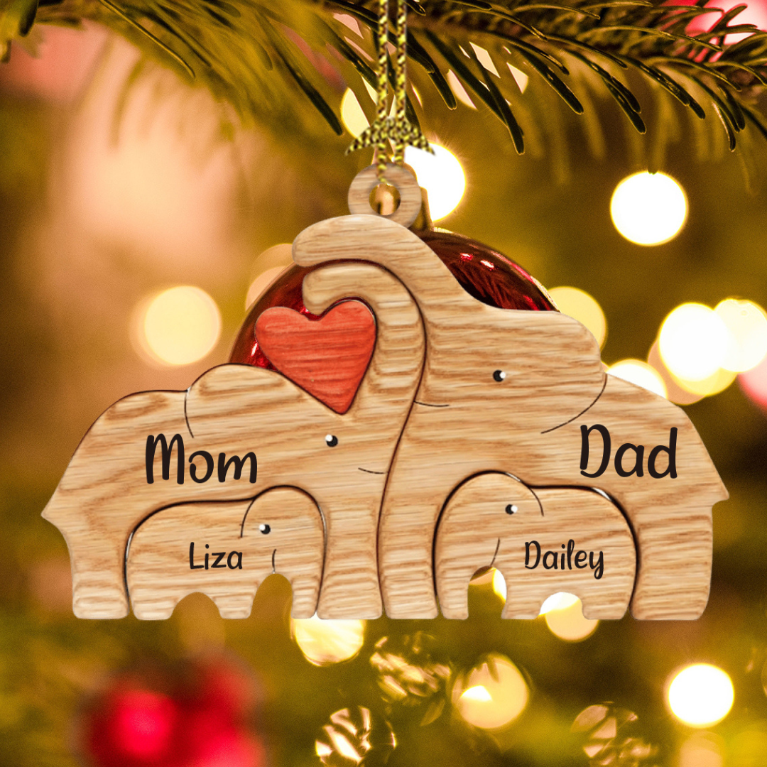 Navidad-Ornamento muñecos navideño de madera familia de elefantes 4 nombres personalizados adorno del árbol-Jessemade ES