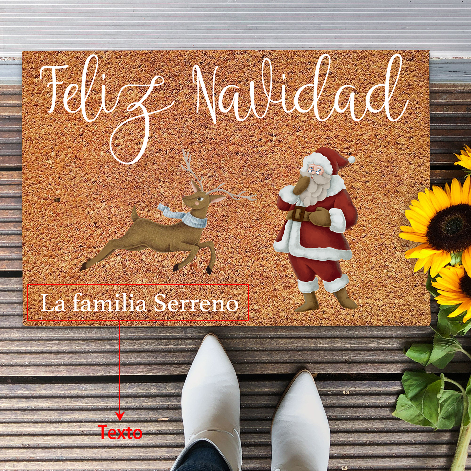 Navidad-felpudo/alfombra de entrada reno y Noel personalizado con 1 texto-Jessemade ES