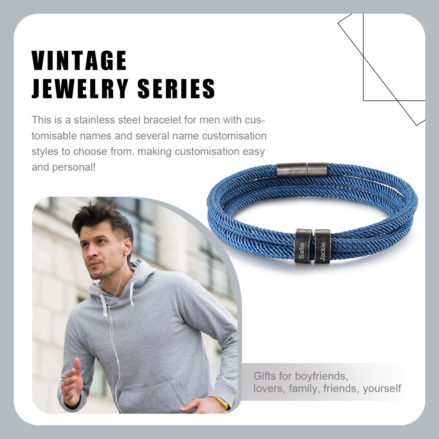 2-4 Nombres Personalizados Pulsera de Triple Cuerda Azul Aros de Acero Inoxidable-Jessemade ES