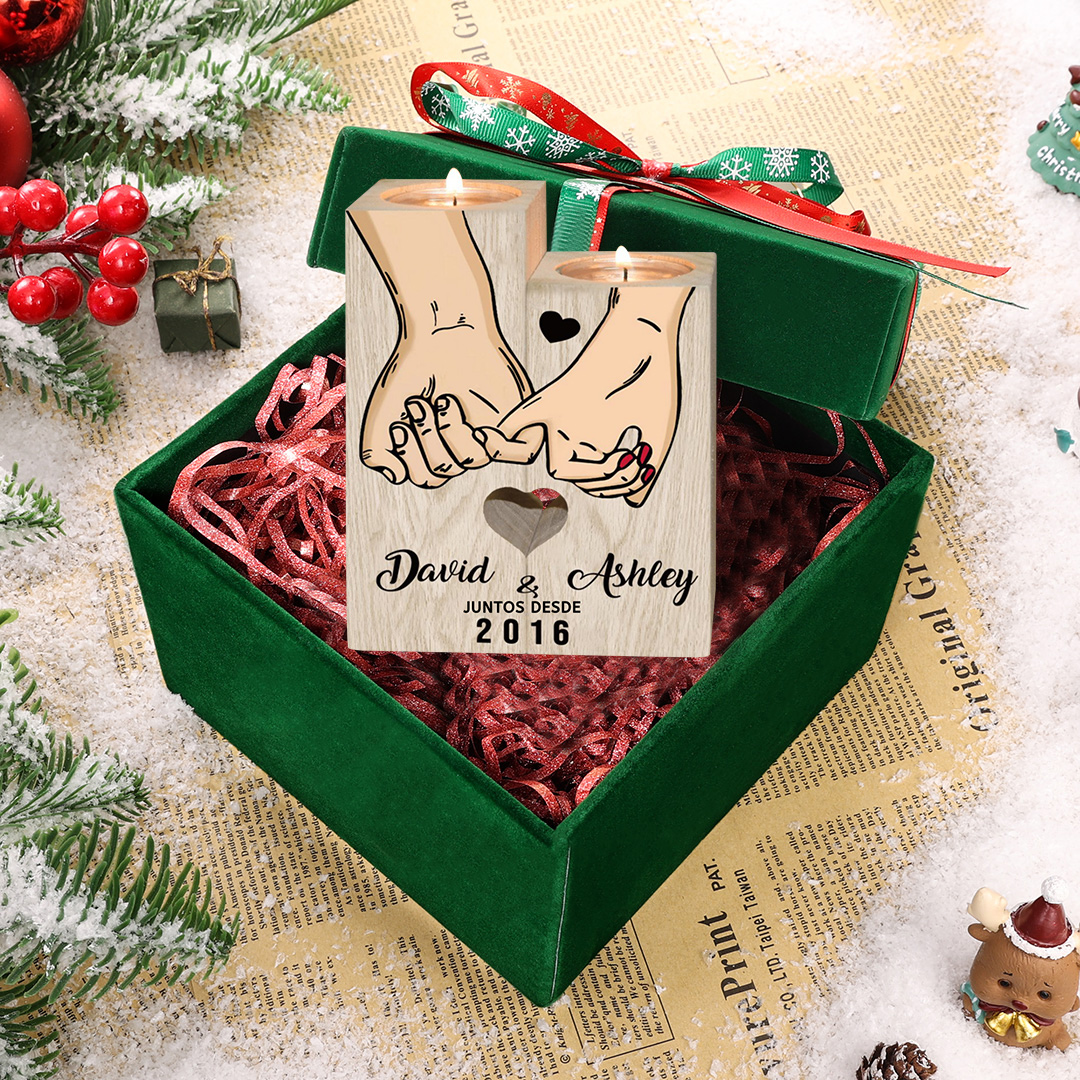 Pareja-Candelero de madera de dos piezas sin candela con nombres y año personalizados-Jessemade ES