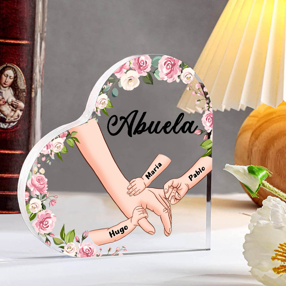 A mi mamá/abuela-Placa de acrílico en forma de corazón mano a mano con 1 texto y 3 nombres personalizados | Jessemade