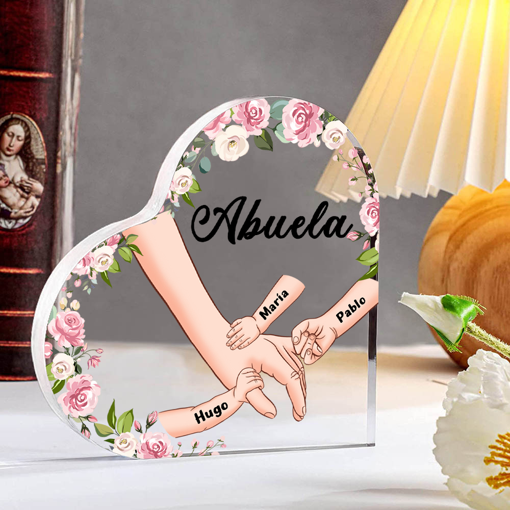 A mi mamá/abuela-Placa de acrílico en forma de corazón mano a mano con 1 texto y 3 nombres personalizados | Jessemade