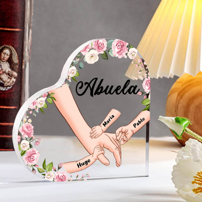 A mi mamá/abuela-Placa de acrílico en forma de corazón mano a mano con 1 texto y 3 nombres personalizados | Jessemade