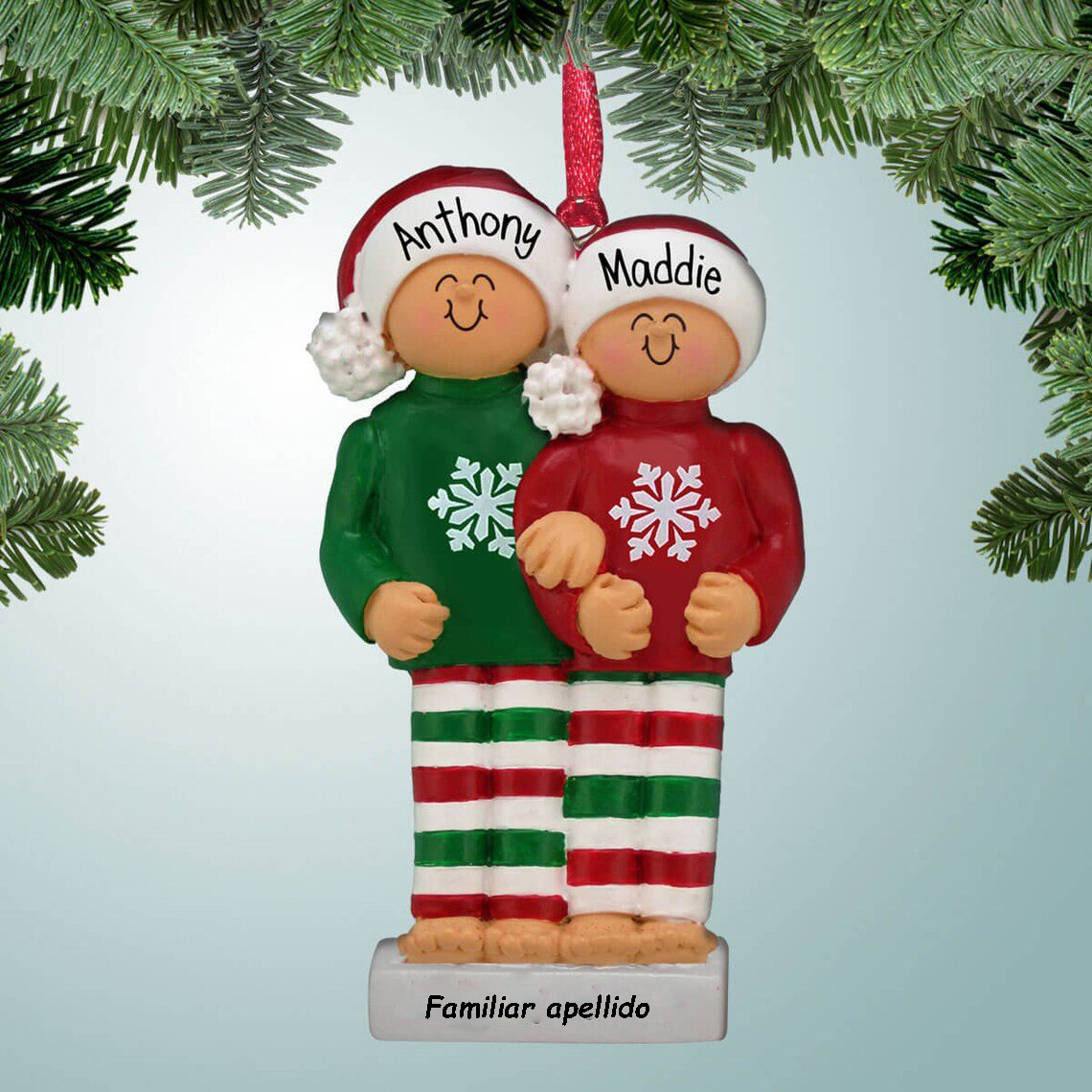Muñeco Ornamento Navideño 2 Nombres y Texto Personalizados Adorno de Madera
