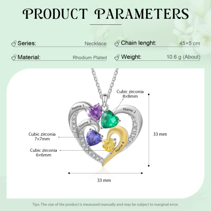 Collar corazón con 4 nombres y 4 piedras de nacimiento personalizados-Jessemade ES