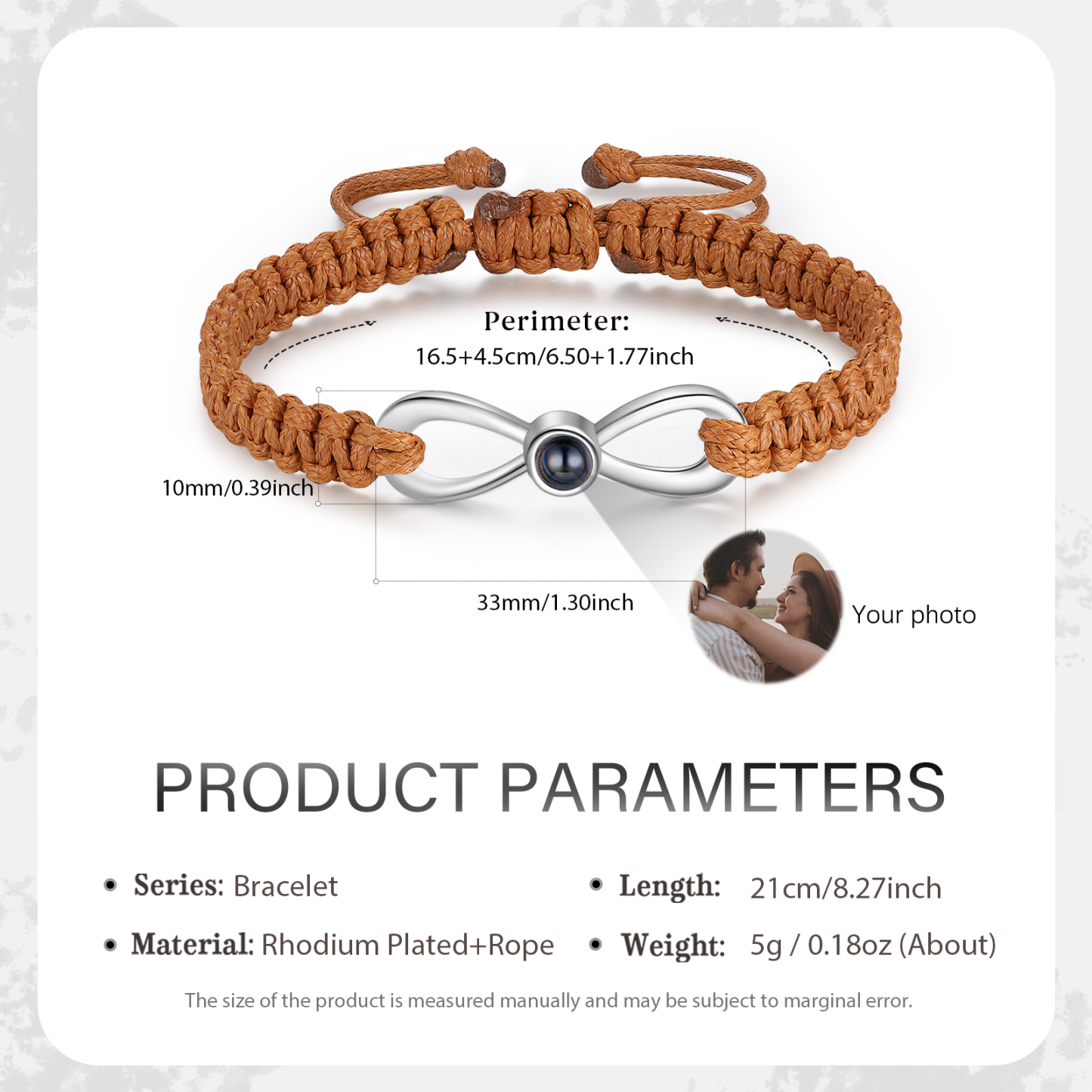 Pulsera con proyección de foto en color con dije de lazo y 3 colores de cuerda ajustable-Jessemade ES