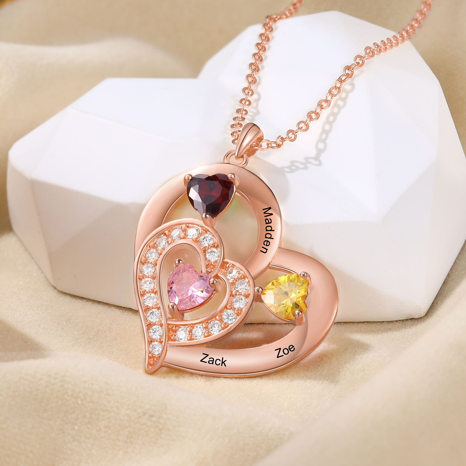 Collar corazón con 1-6 nombres personalizados y 1-6 piedras de nacimiento-Jessemade ES