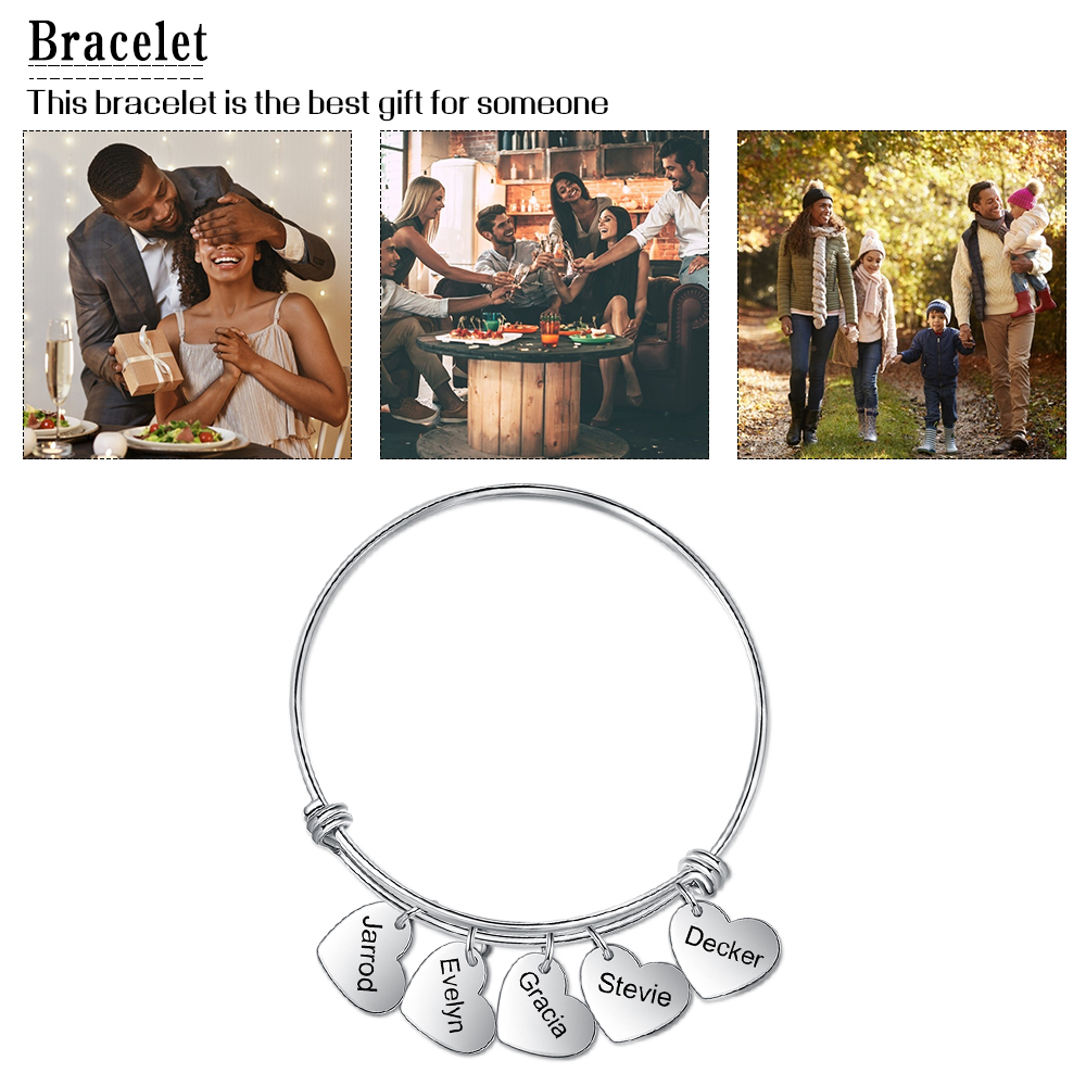 Pulsera con 5 nombres personalizados y 5 dijes de corazón-Jessemade ES