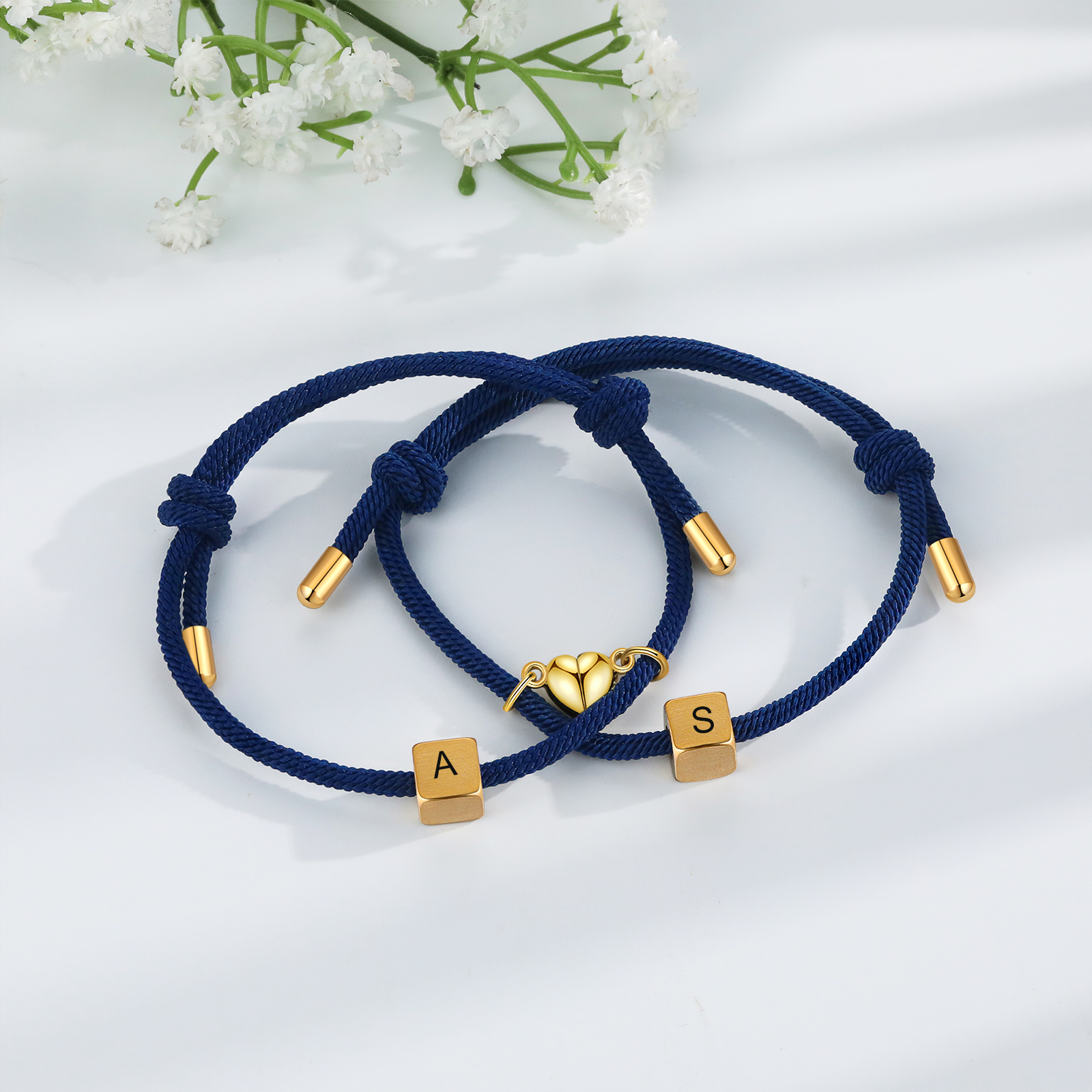 Pulseras de cuerda personalizadas para pareja con dije de corazón magnético grabado de dos letras-Jessemade ES