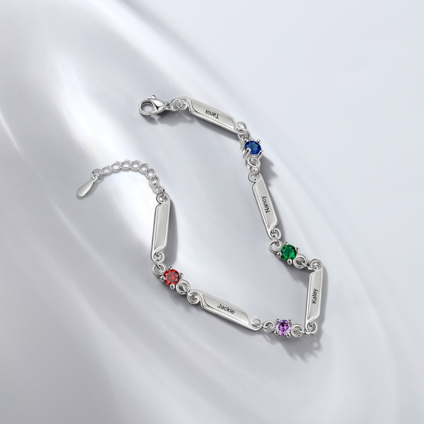 Pulsera de lazos y placitas personalizada de 4 nombres con 4 piedras de nacimiento-Jessemade ES