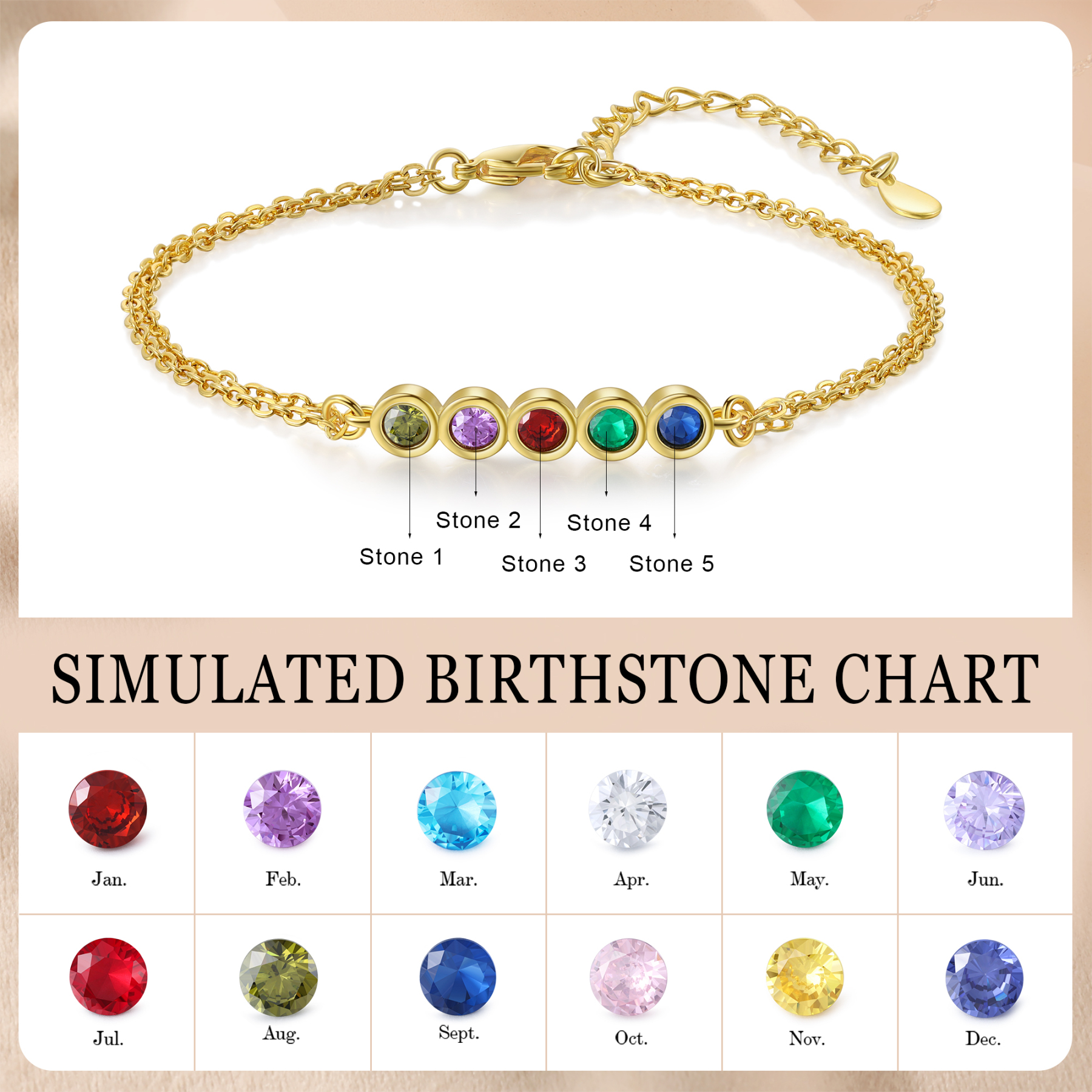 Pulsera 1-6 piedras de nacimiento personalizadas doble cadena-Jessemade ES