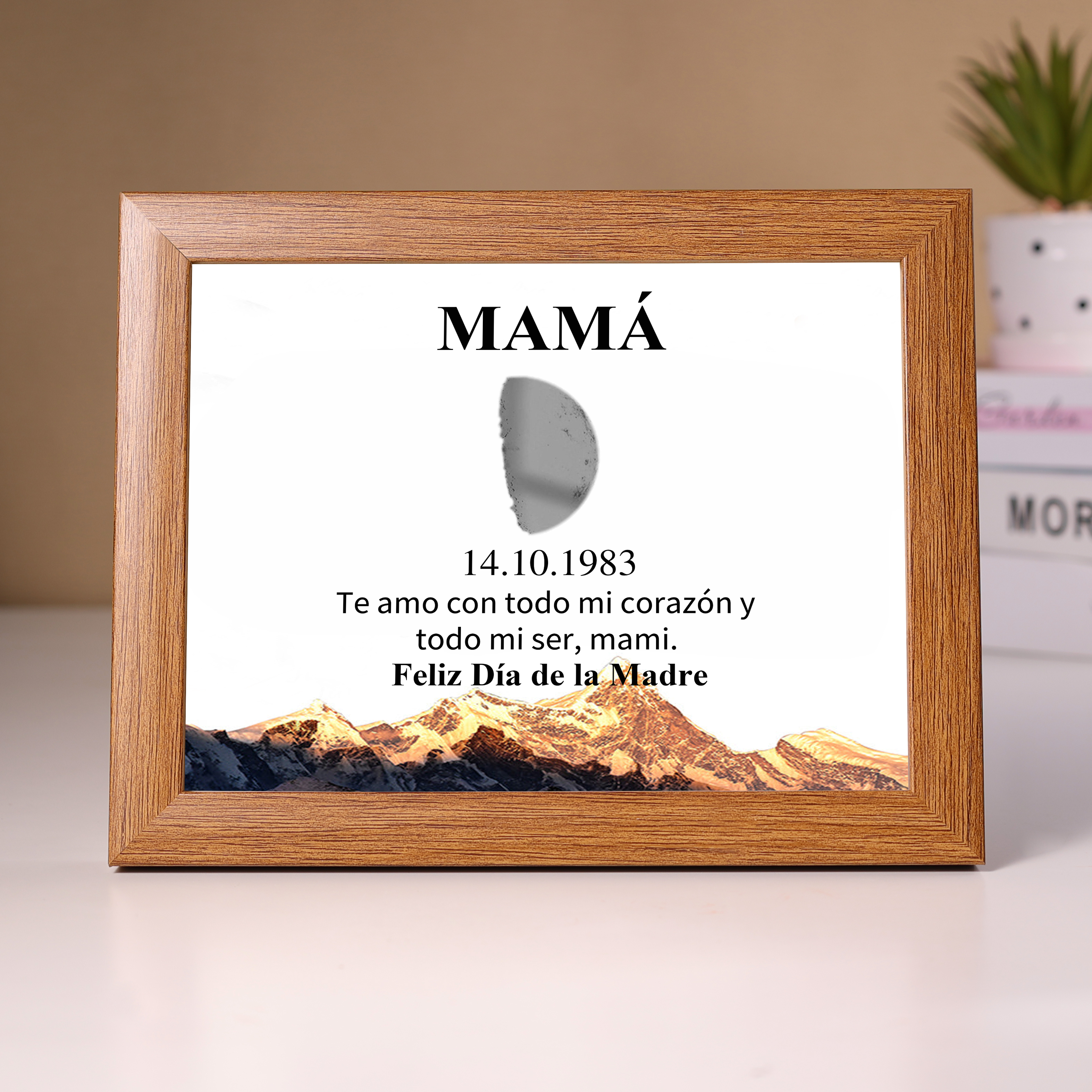 A mi mamá-Marco de luna del día que nació personalizado con fecha y texto con lámpara-Jessemade ES