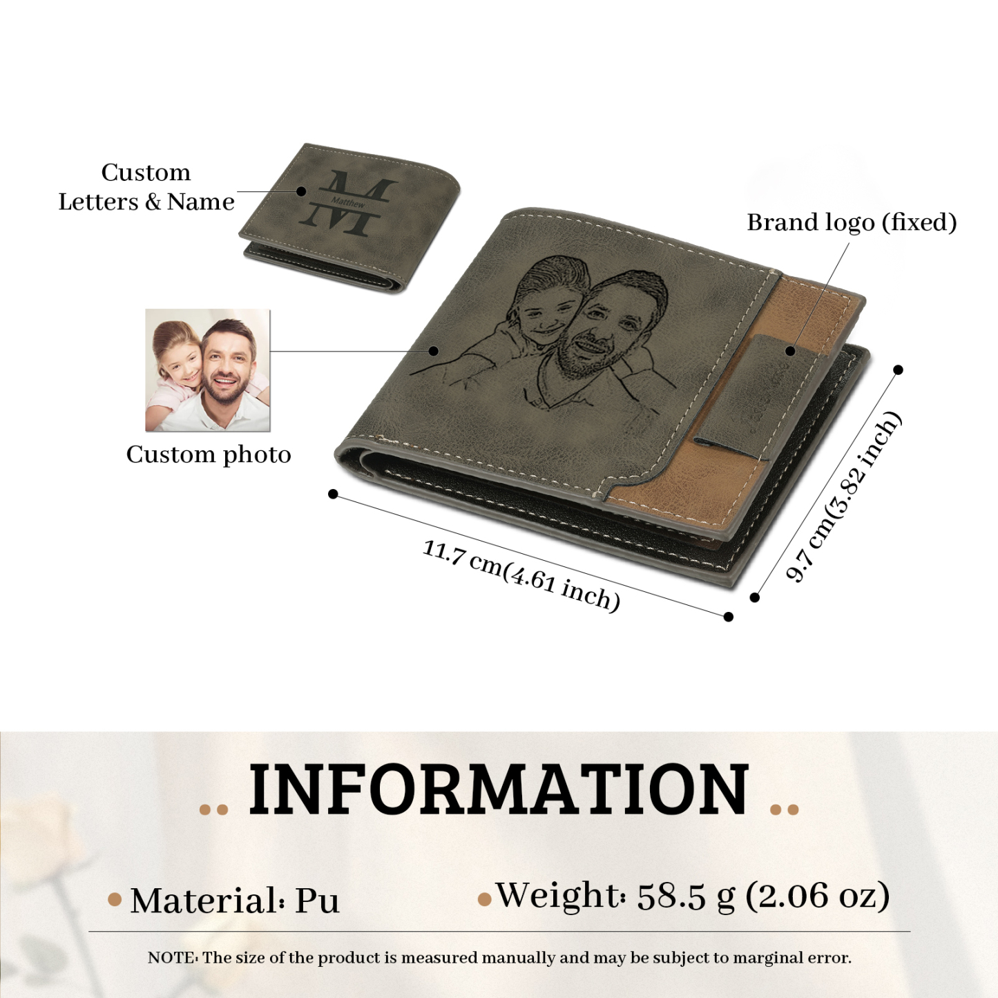 Kit de regalo-Llavero, cartera y bolígrafo con 2 nombres y 2 letras personalizados con foto para hombre-Jessemade ES