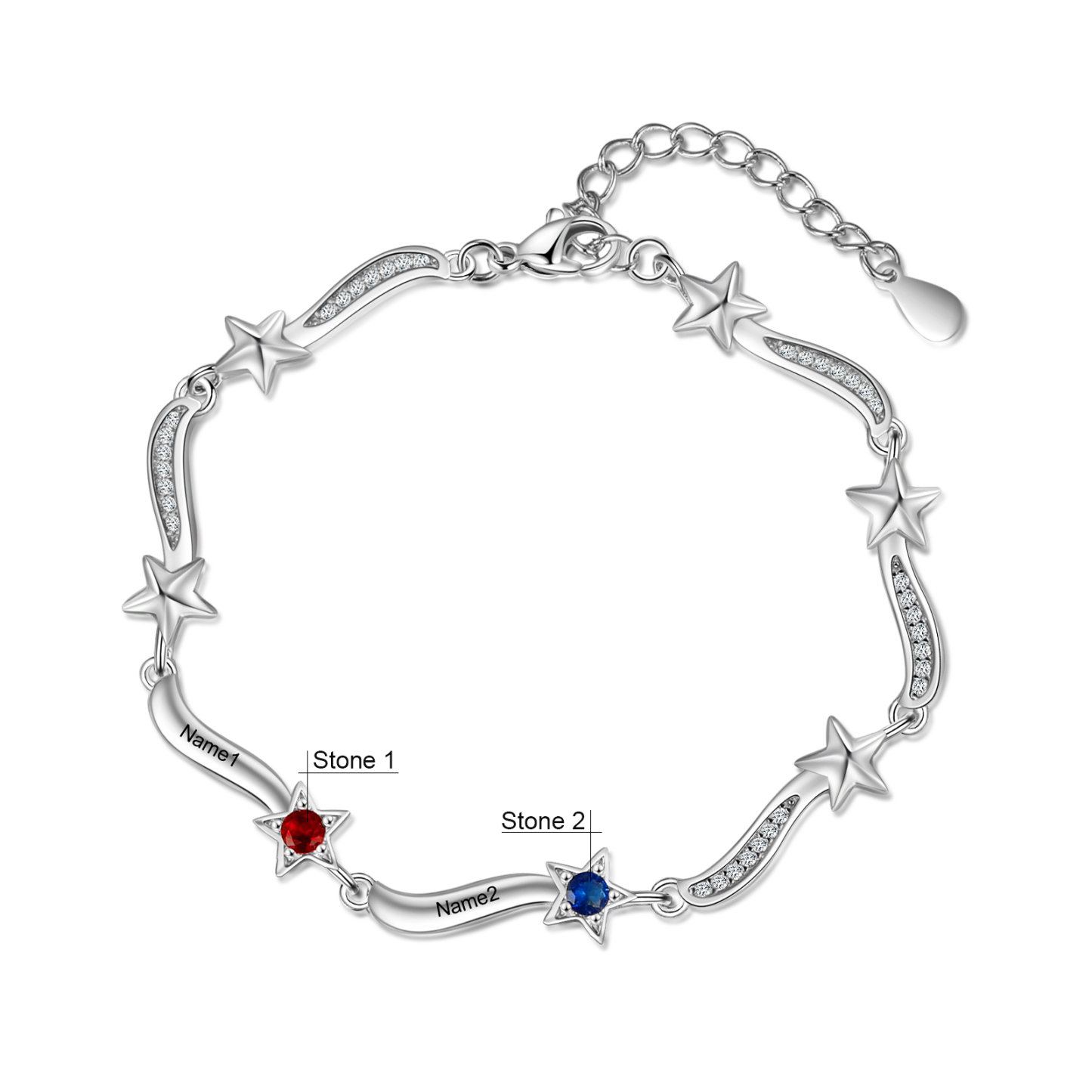 Pulsera Brazalete personalizada de 2 nombres y estrellas con 2 piedras de nacimiento-Jessemade ES