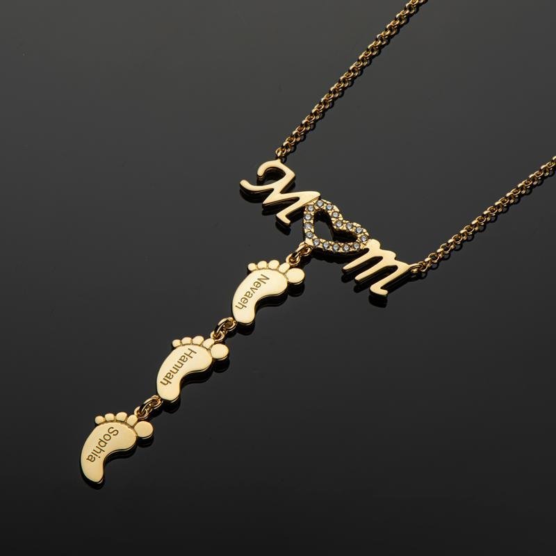 Collar "MoM" con colgante de huellas personalizadas con 3 nombres-Jessemade ES