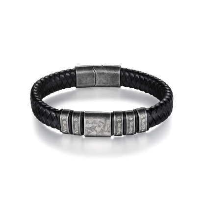 Pulsera 2-5 Nombres en Aros y Foto en Placa Personalizados de Cuero Trenzado