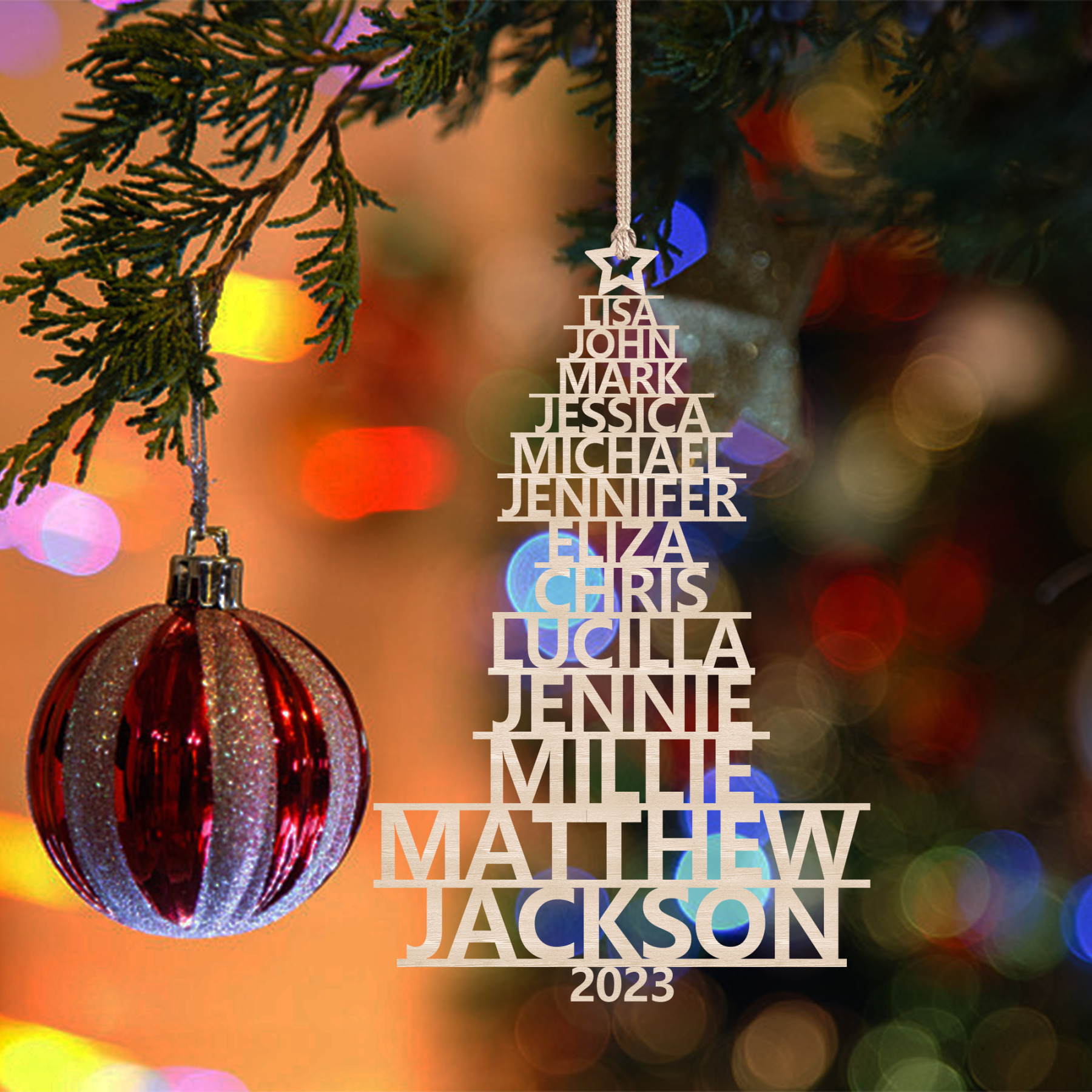 Navidad-Ornamento navideño de madera árbol de nombres con 13 nombres y año personalizados