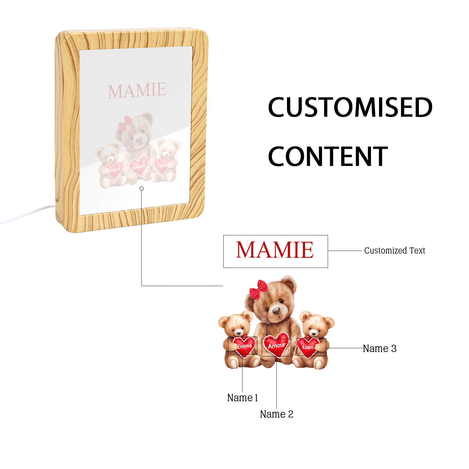 Marco/Espejo con LED Multifuncional Familia de Osos 1-4 Nombres Personalizados con 1 Texto-Jessemade ES