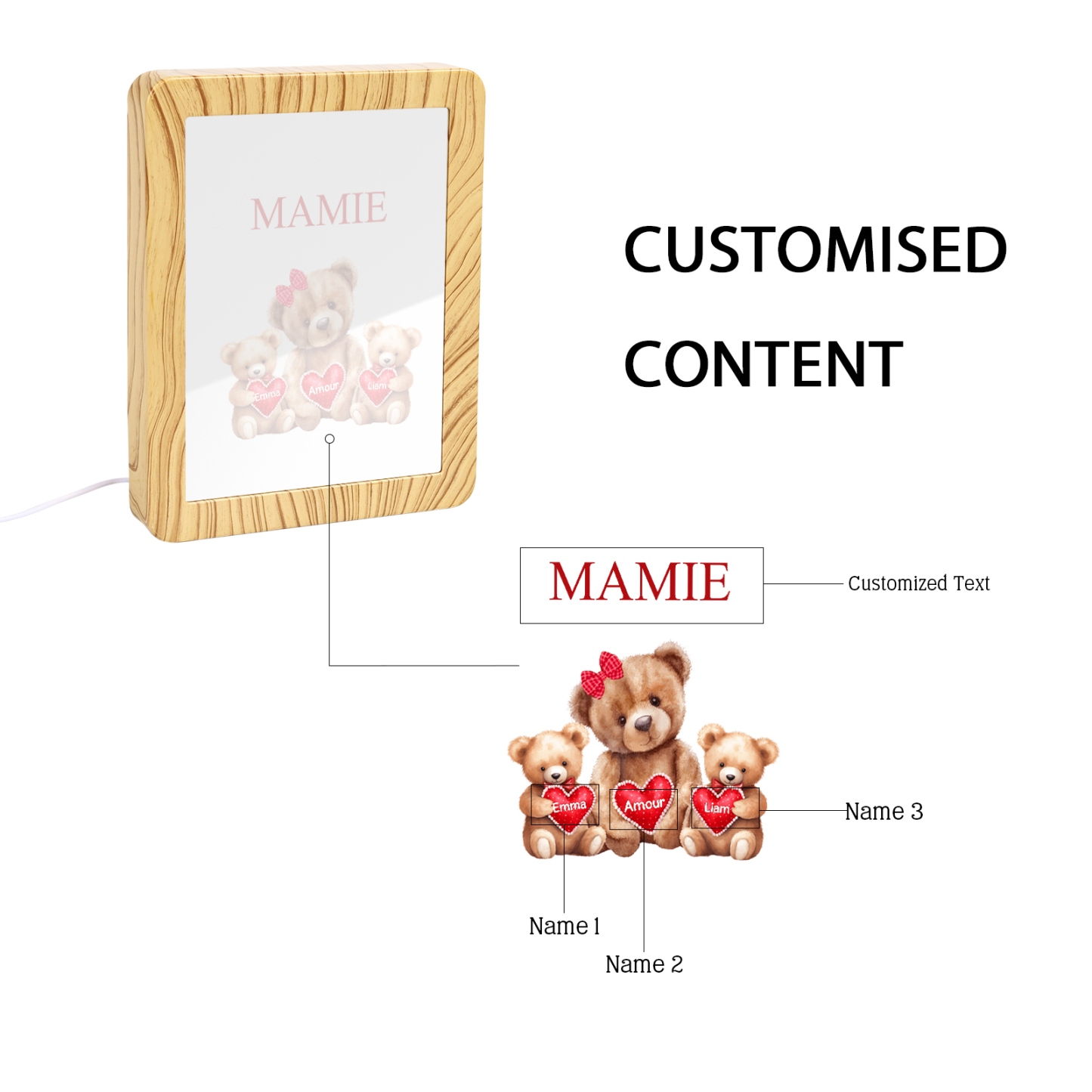 Marco/Espejo con LED Multifuncional Familia de Osos 1-4 Nombres Personalizados con 1 Texto-Jessemade ES