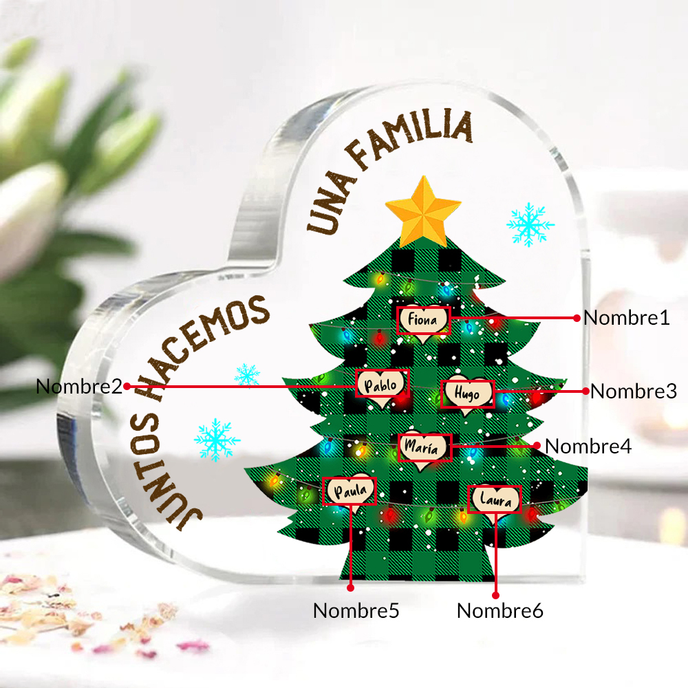 Navidad - Placa de acrílico en forma de corazón árbol con luces con 6 nombres personalizados-Jessemade ES