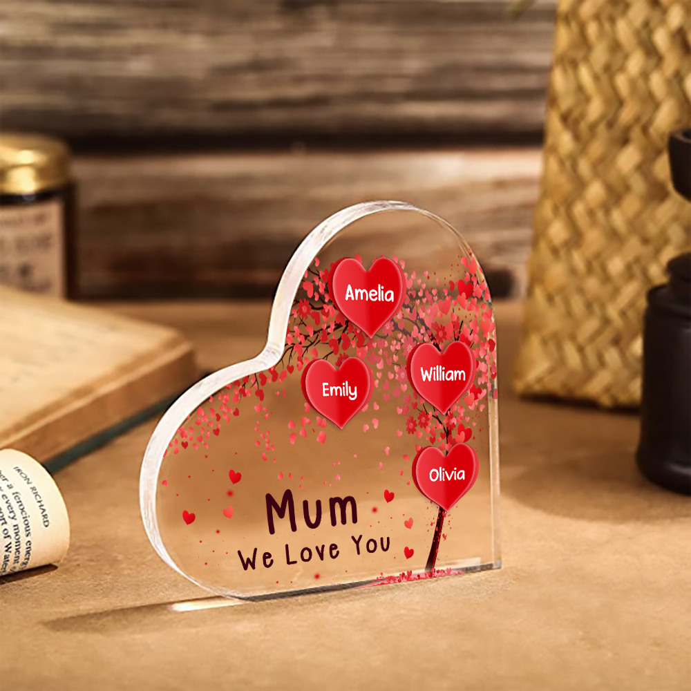A mi mamá/abuela-Placa de acrílico "Corazones" en forma de corazón 4 nombres y 1 texto personalizados-Jessemade ES
