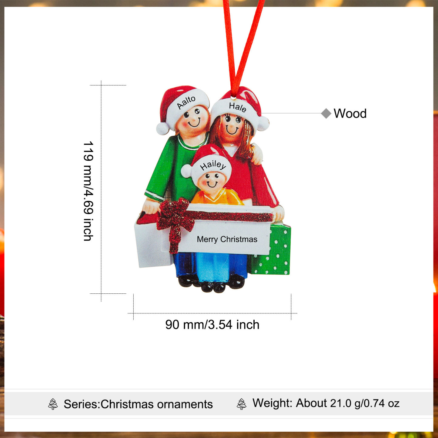 Navidad-Muñeco Ornamento Navideño 3 Nombres y Texto Personalizados Adorno de Madera
