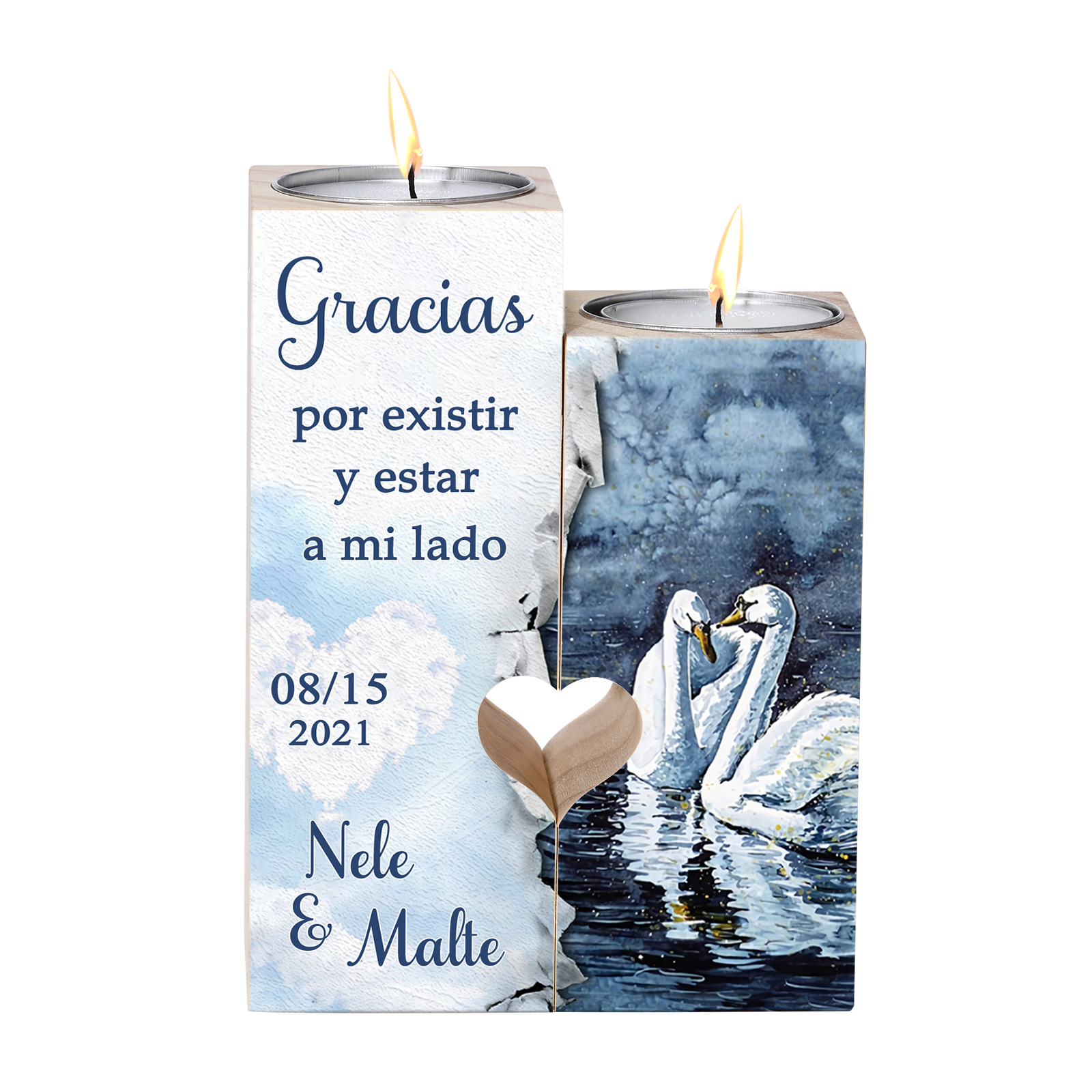 Candelero para pareja de madera de dos piezas sin candela con 2 nombres y fecha personalizados-Jessemade ES