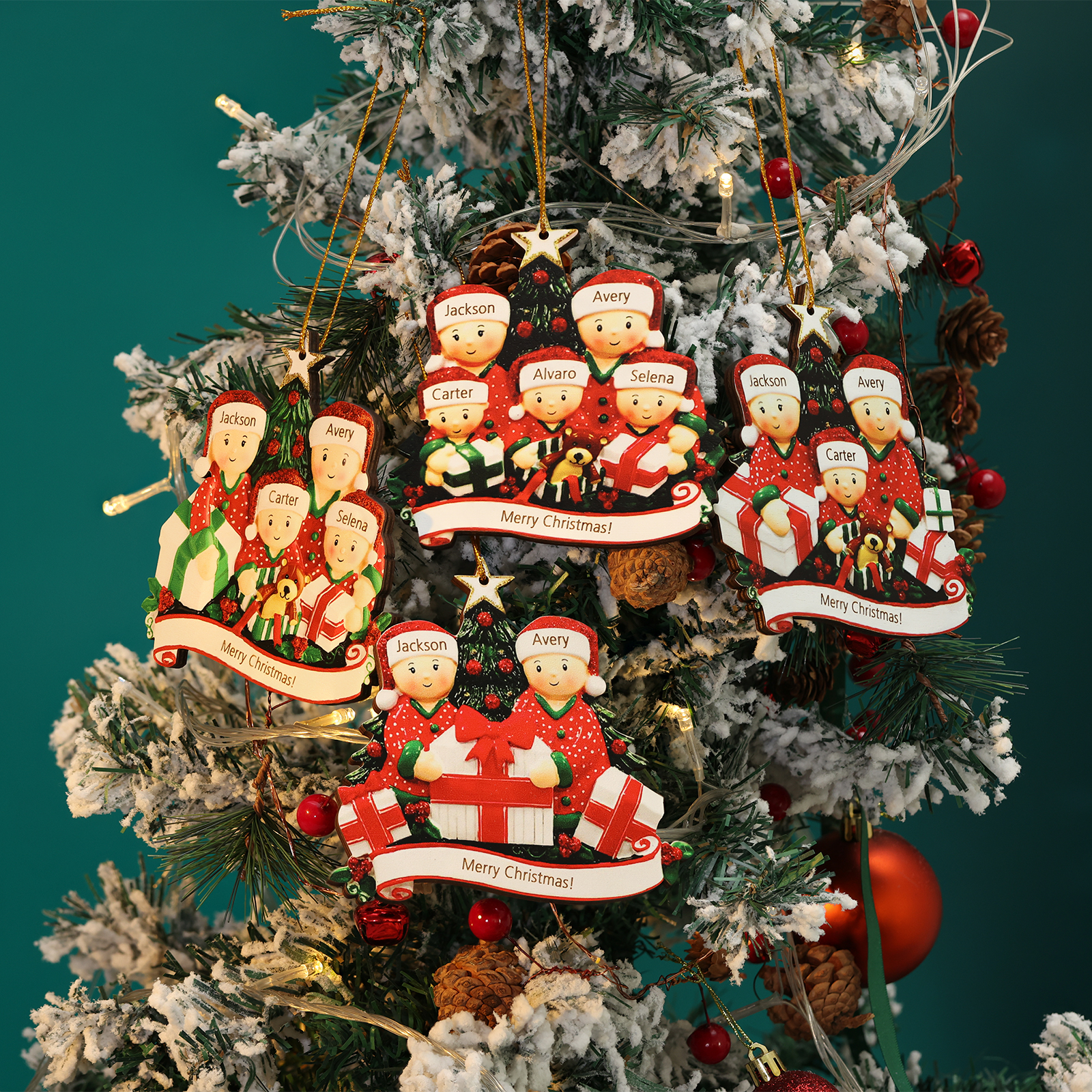 Navidad-Ornamento muñecos navideño de madera 4 nombres y 1 texto personalizados adorno de árbol