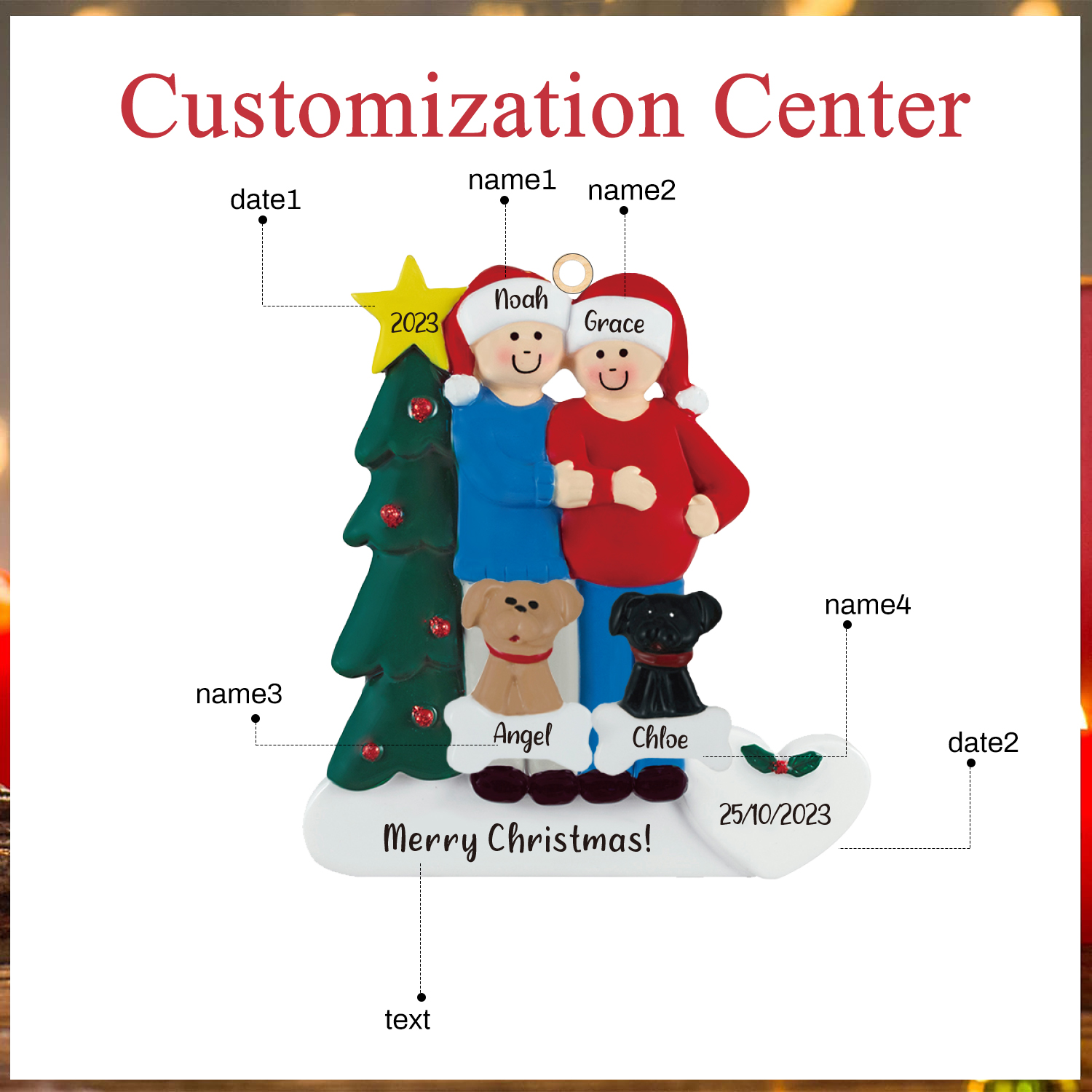 Navidad-Muñecos Ornamentos Navideños de Pareja con 2 Perros 4 Nombres, Año, Fecha y Texto Personalizados Adorno de Madera-Jessemade ES