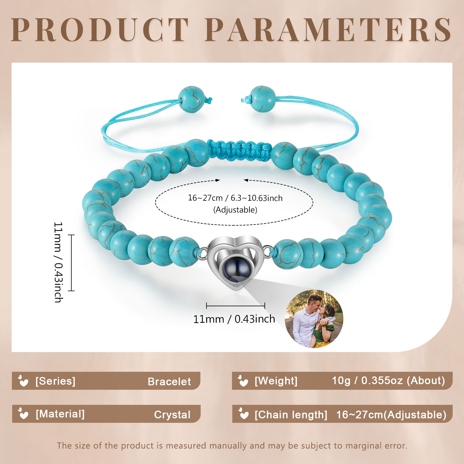 Pulsera con proyección de foto en color con dije de corazón y 8 colores de perlas de cristal-Jessemade ES