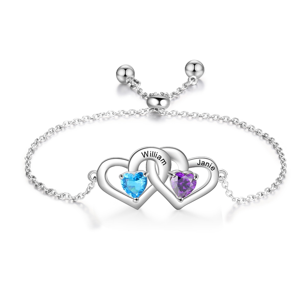 Pulsera de corazones ajustable 2 nombres y 2 piedras de nacimiento personalizados