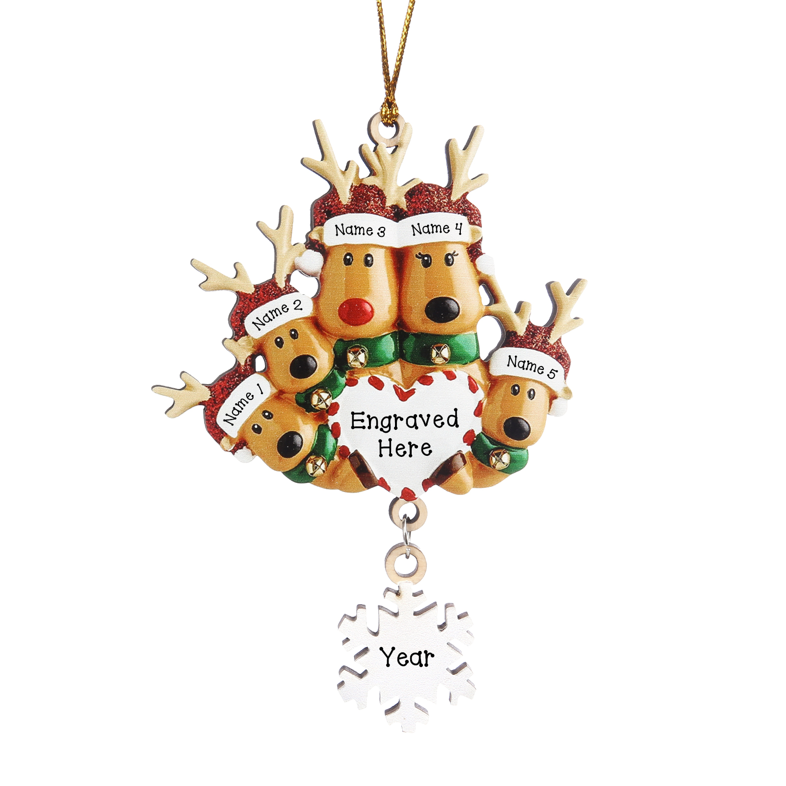 Navidad-Ornamentos Navideños de Madera Renos 5 Nombres con Texto y Año Personalizados