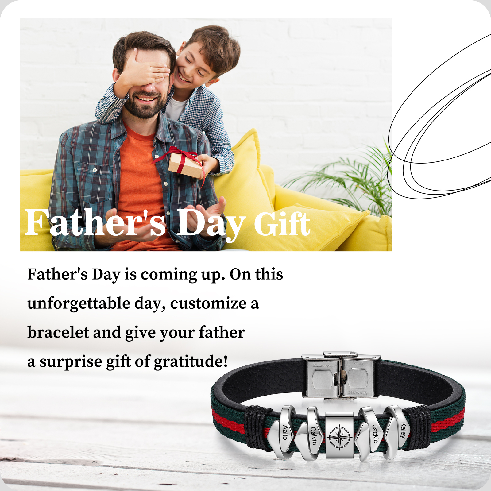 Pulsera 4 Nombres Personalizados de Cuero y Cuerda con Aros-Jessemade ES