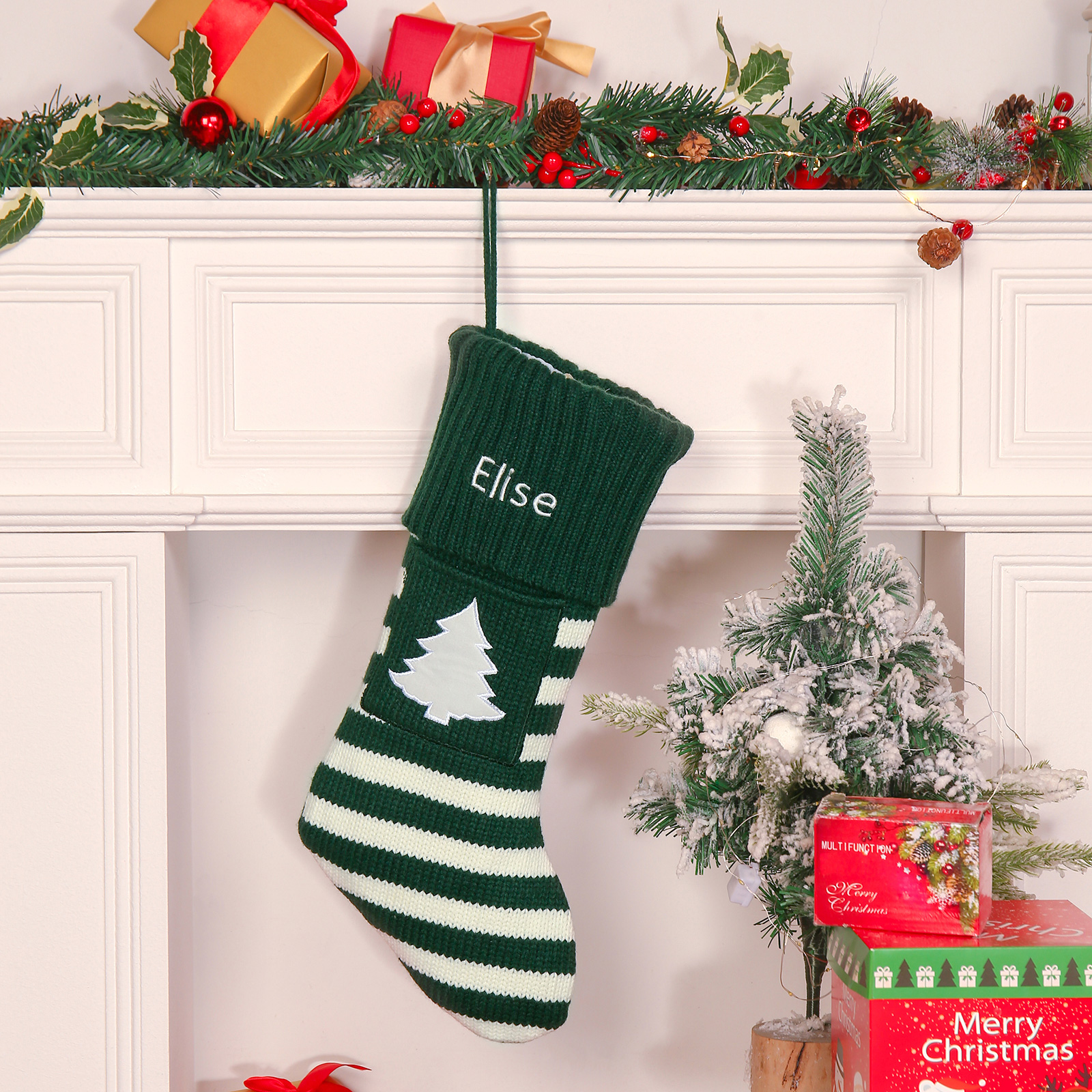 Adornos de medias navideñas con árbol o nieve Bolsa de regalo 1 Nombre personalizado-Jessemade ES