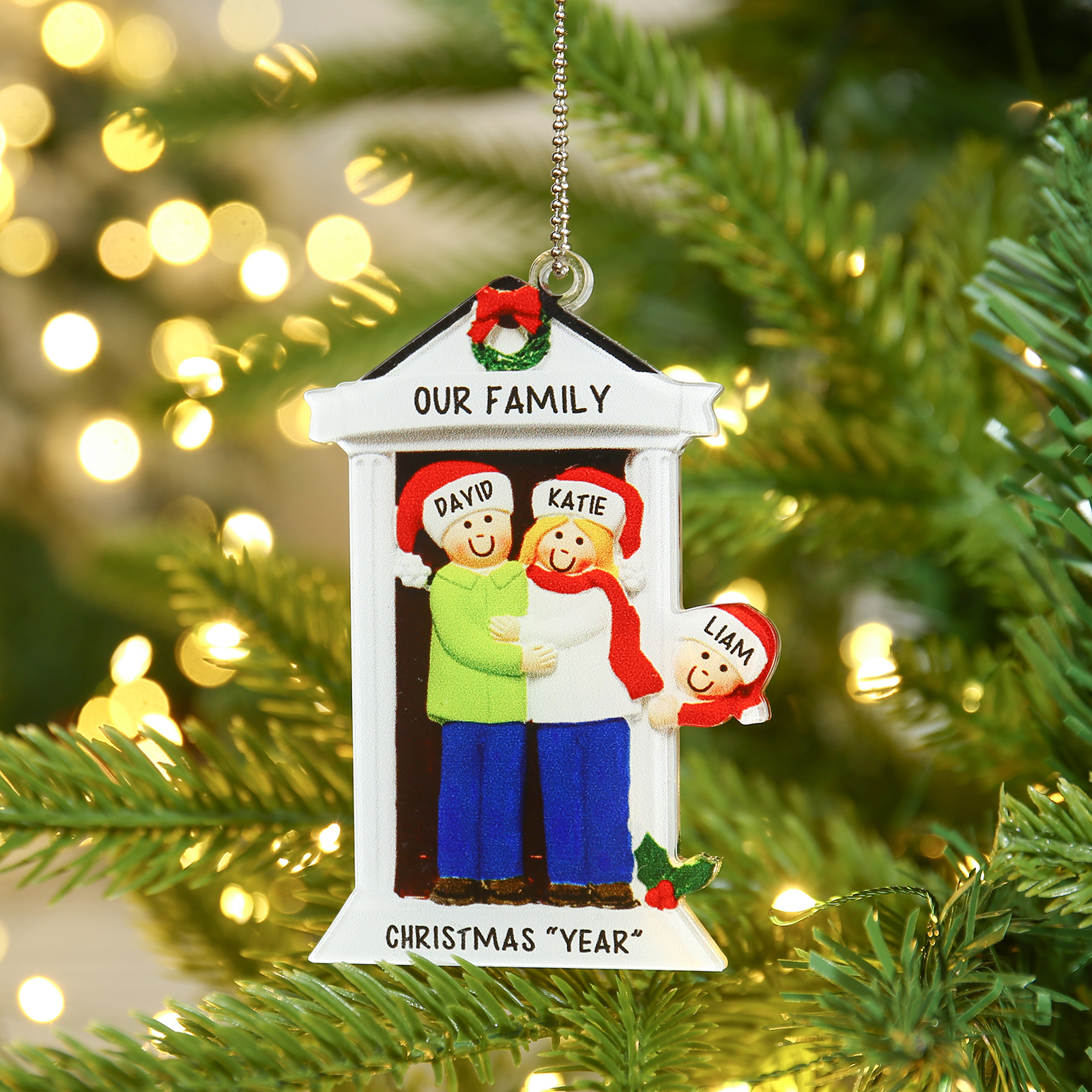 Navidad-Ornamentos Navideños de Acrílico Familia en Puerta 3 Nombres Personalizados con 2 Textos