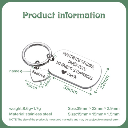 Llavero de placa "MANTENTE SEGURA, DIVIÉRTETE, NO HAGAS STUPIDECES" a hija de padres 1 nombre personalizado-Jessemade ES