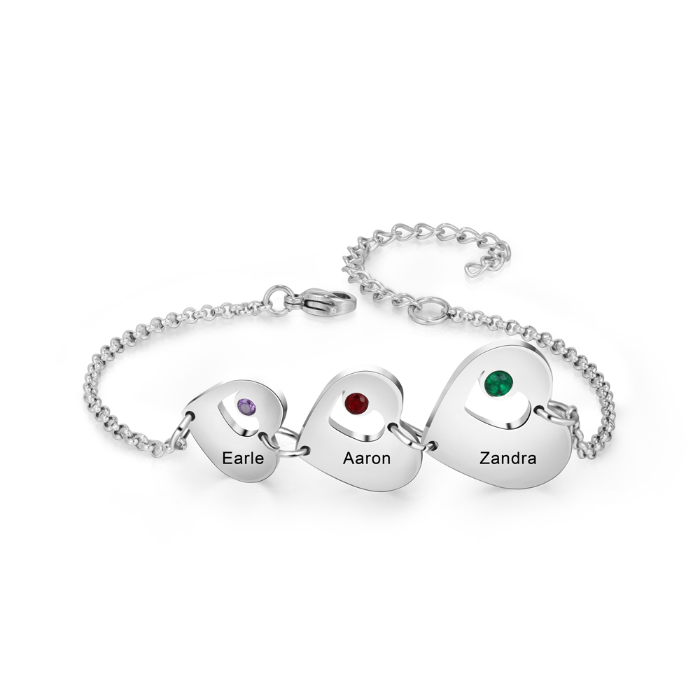 Pulsera de corazón personalizada con 3 nombres y 3 piedras de nacimiento-Jessemade ES