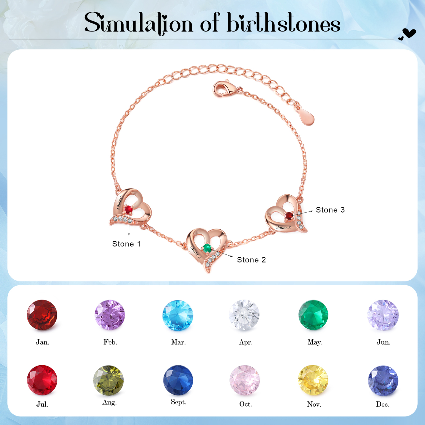 Pulsera 1-7 nombres y piedras personalizados con dije de corazón-Jessemade ES