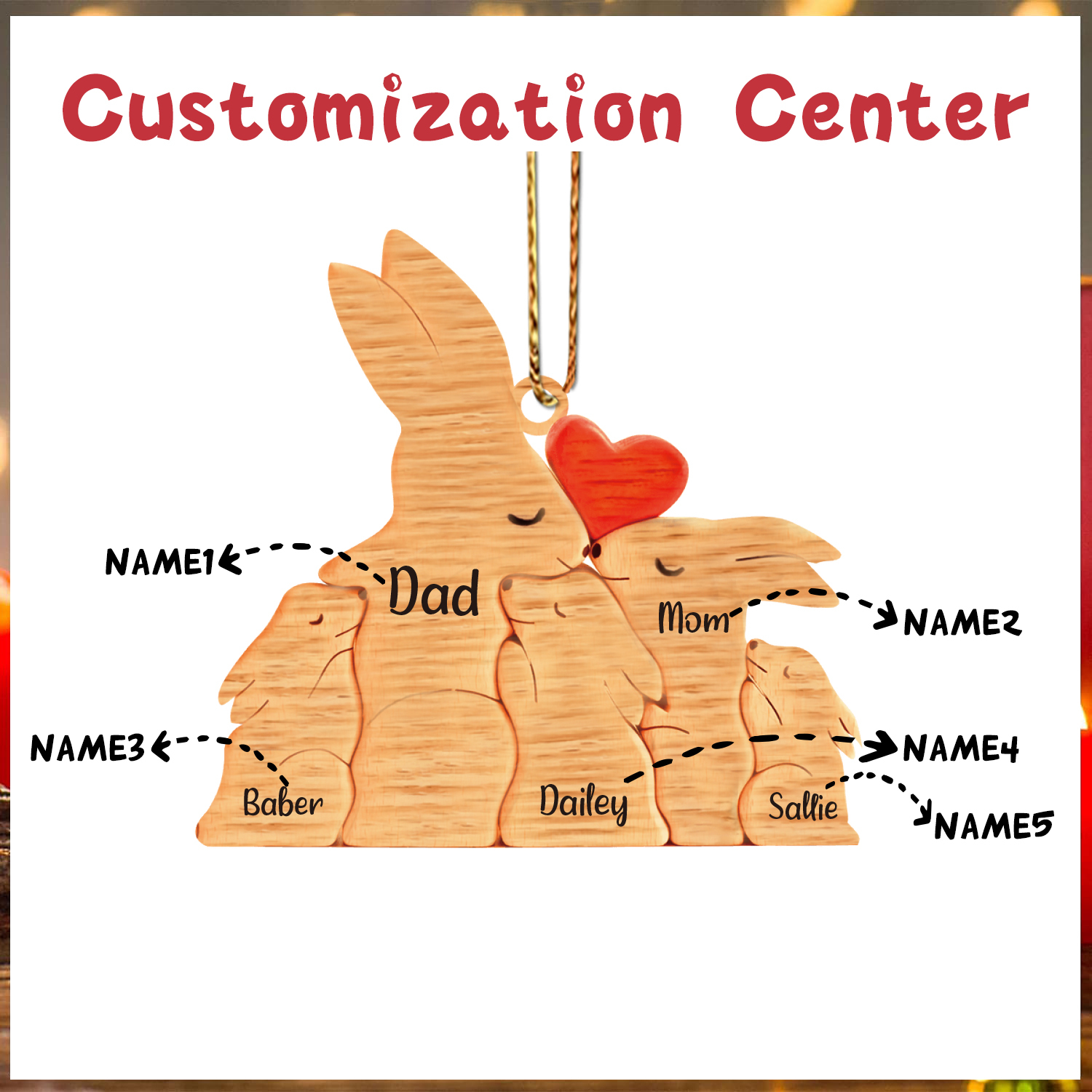 Navidad-Ornamento muñecos navideño de madera familia de conejos 5 nombres personalizados adorno del árbol-Jessemade ES