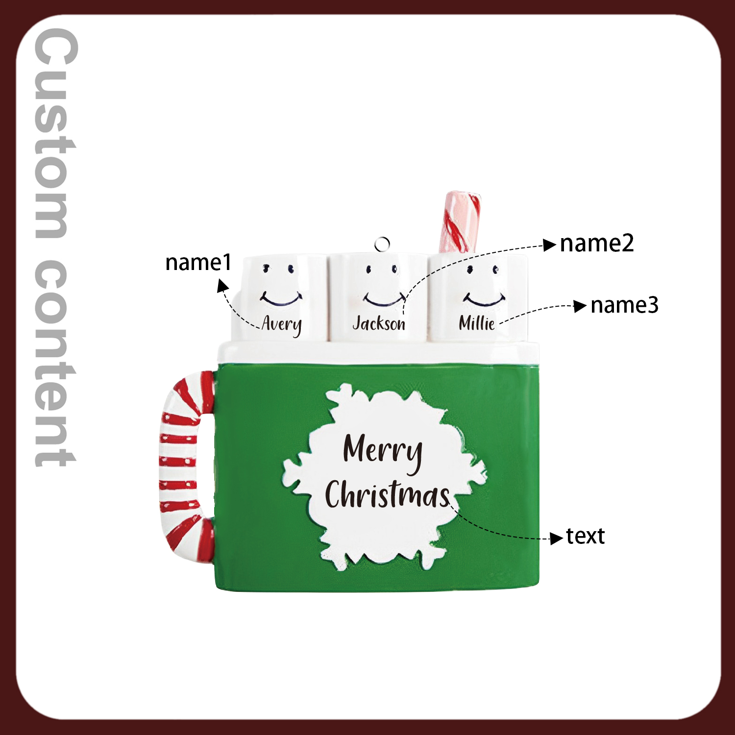 Navidad-Ornamento muñecos navideño de madera taza 3 nombres y 1 texto personalizados adorno del árbol-Jessemade ES