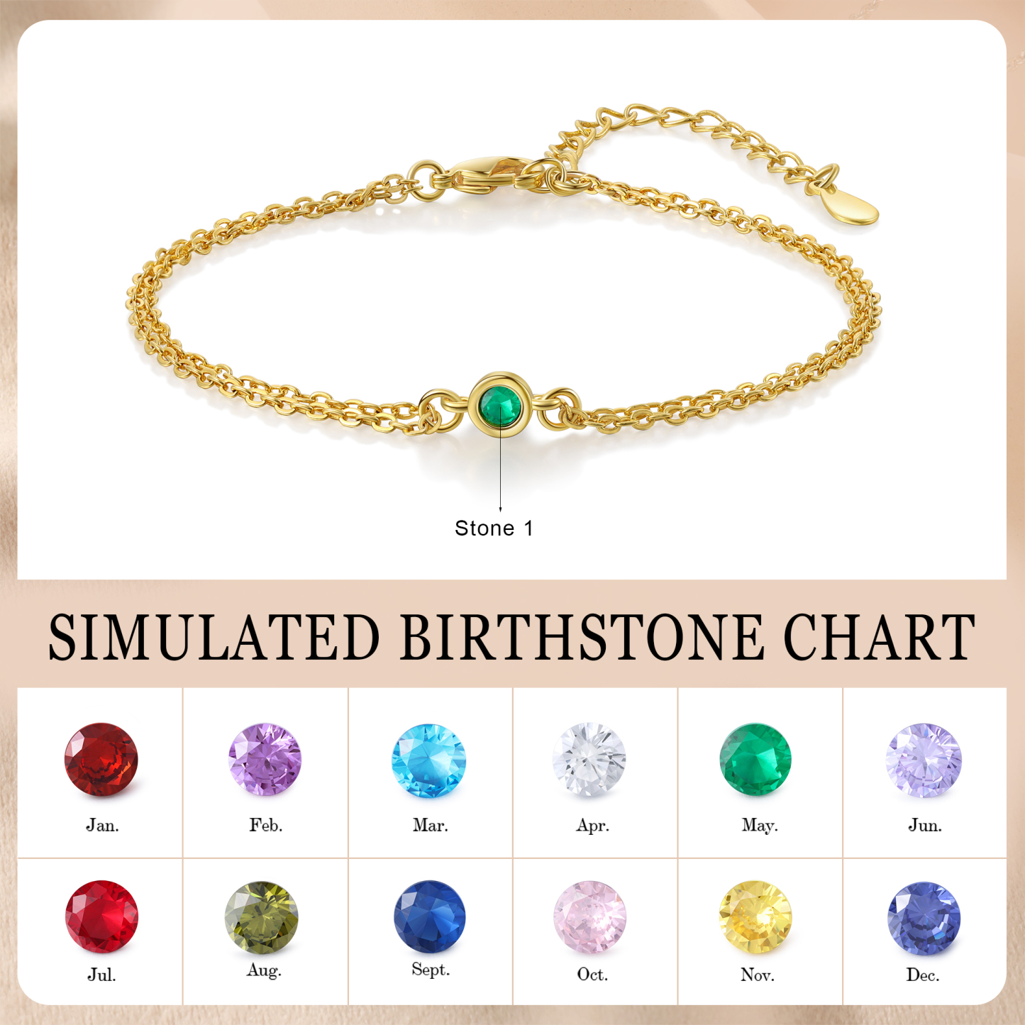 Pulsera 1-6 piedras de nacimiento personalizadas doble cadena-Jessemade ES