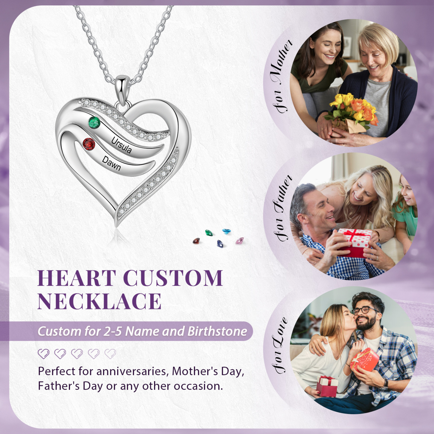 Collar de corazón de plata 925 con 2 nombres y piedras de nacimiento personalizados-Jessemade ES