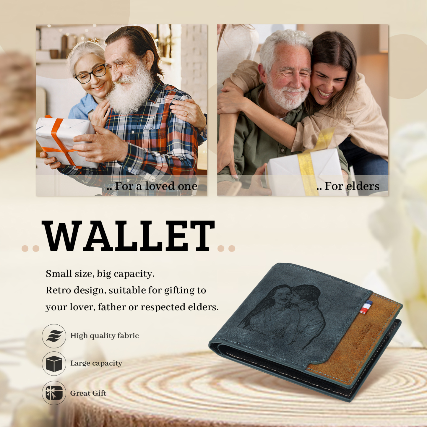 Cartera, billetera personalizada con 1 foto, 1 nombre y 1 letra monedero para hombre-Jessemade ES