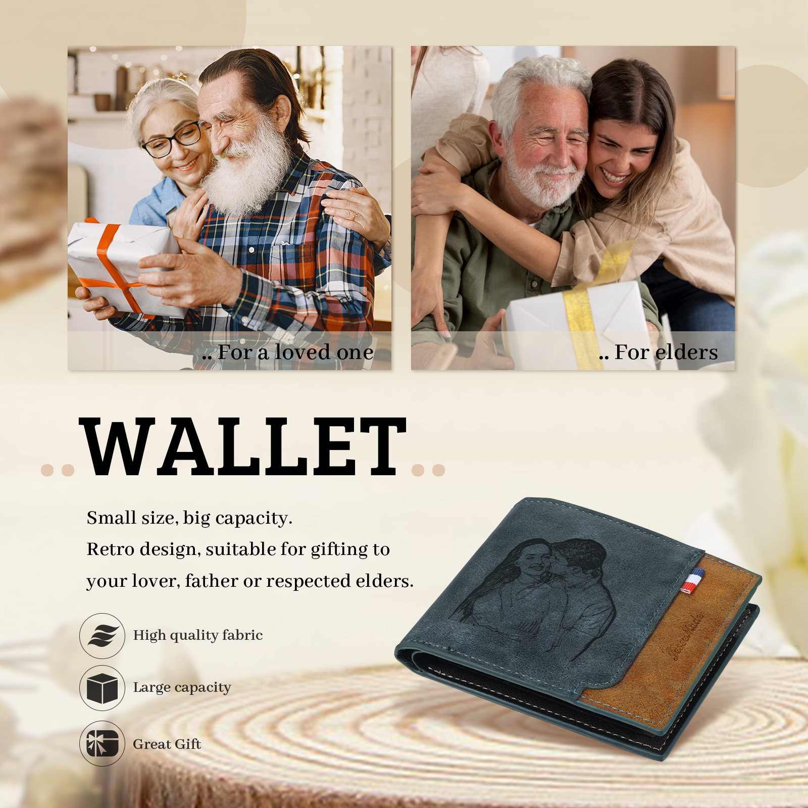 Cartera, billetera personalizada con 1 foto, 1 nombre y 1 letra monedero para hombre-Jessemade ES