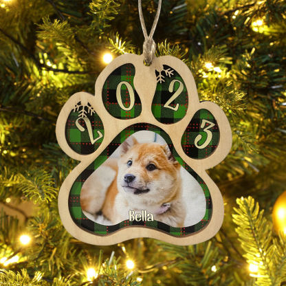 Navidad-Ornamento navideño de madera pata de perro con 1 nombre y 1 foto personalizados